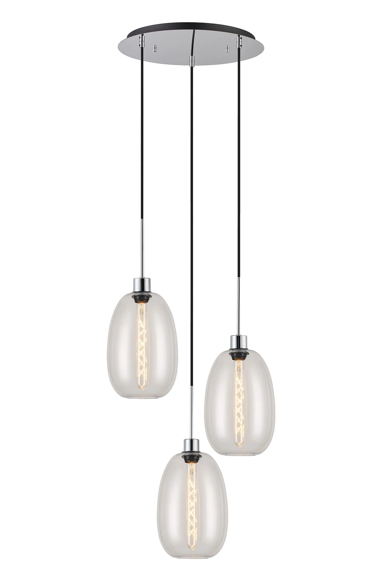 DK1269  Lori cm Round Pendant, 3 Light Adjustable E27, Polished Chrome/Clear Slim Curved Trapezium Shades